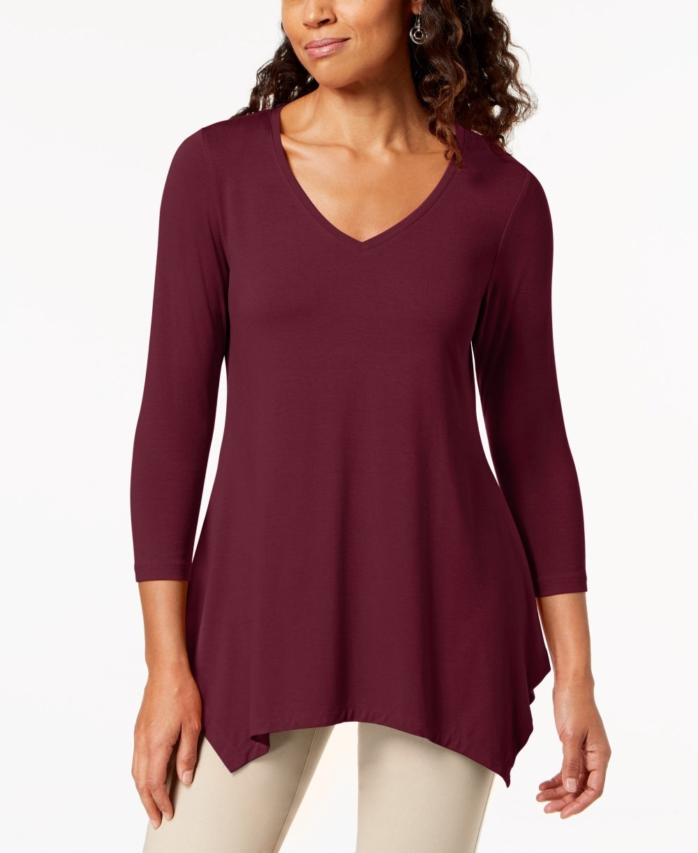 JM Collection Women's V Neck Handkerchief Hem Top Red Size Small