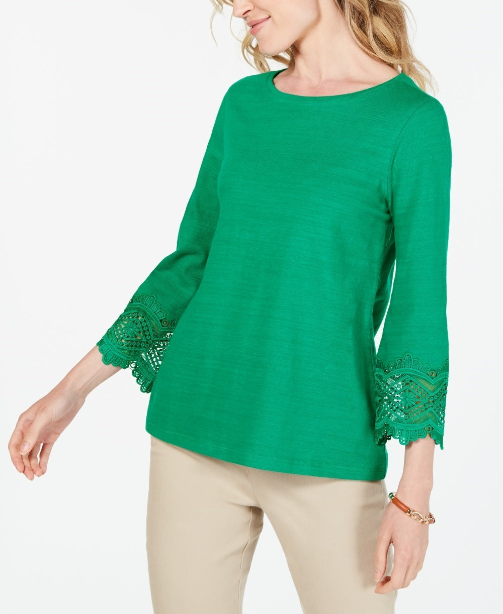 Charter Club Women's Cotton Lace Trim Top Green Size X-Large