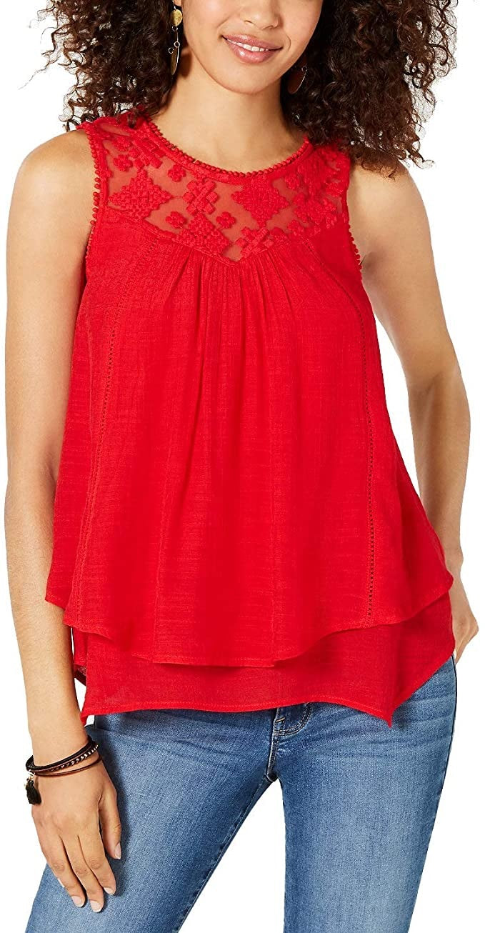 Style & Co Women's Lace-Trim Swing Top Wine Size X-Small