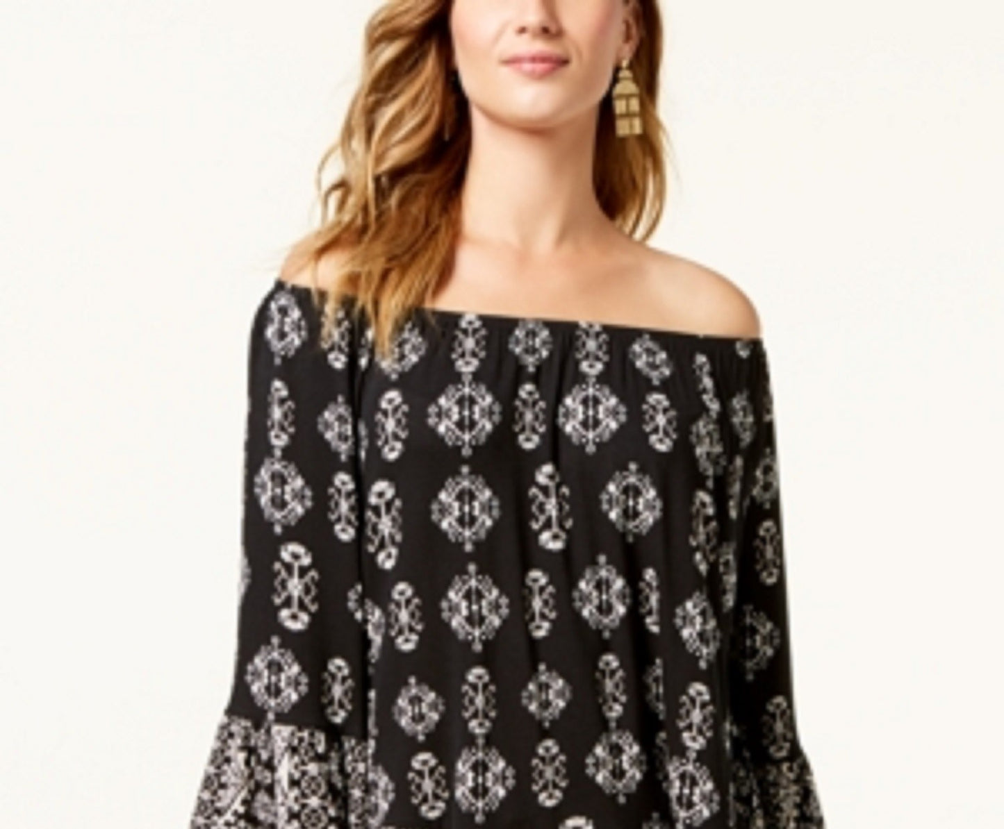 Style & Co Women's Printed Off-The-Shoulder Top Black Size X-Small