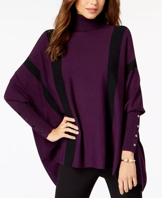 Alfani Women's Petite Striped Poncho Sweater Dark Purple Size Petite