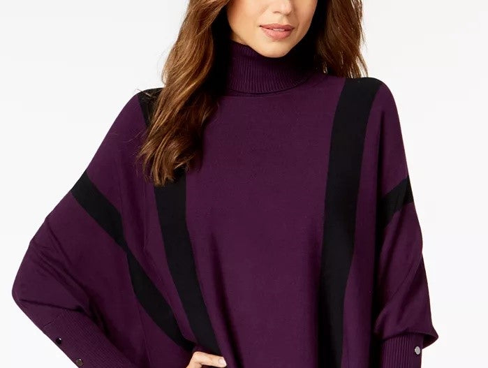 Alfani Women's Petite Striped Poncho Sweater Dark Purple Size Petite