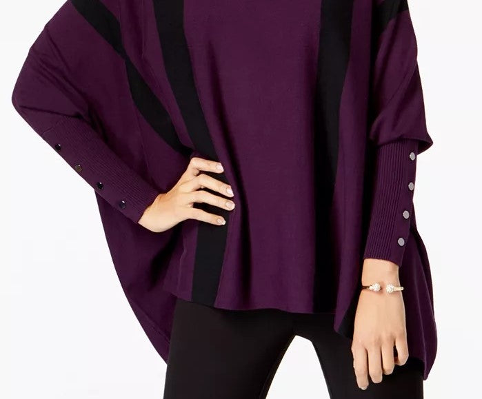 Alfani Women's Petite Striped Poncho Sweater Dark Purple Size Petite