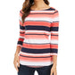 Charter Club Women's Pima Cotton Button Shoulder Stripe Top Red Size X-Large