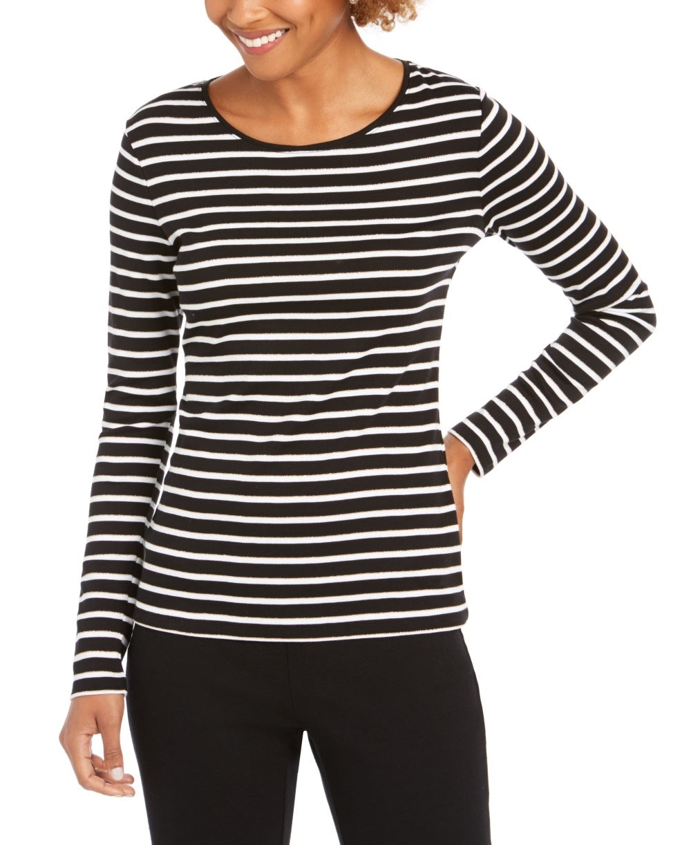 Charter Club Women's Metallic Stripe Top Black Size Large