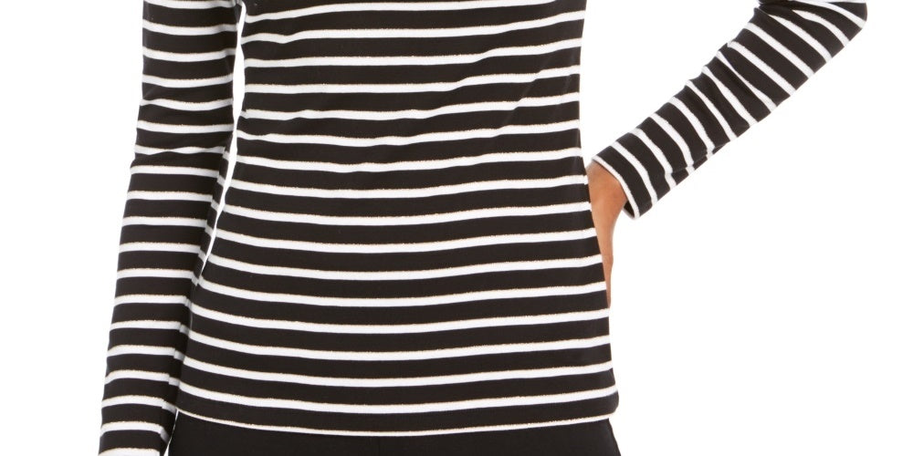 Charter Club Women's Metallic Stripe Top Black Size Large