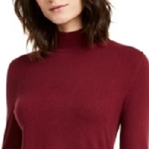 Alfani Women's Mock Neck Faux-Fur Trim Pullover Sweater Dark Red Size Small