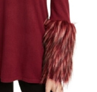 Alfani Women's Mock Neck Faux-Fur Trim Pullover Sweater Dark Red Size Small