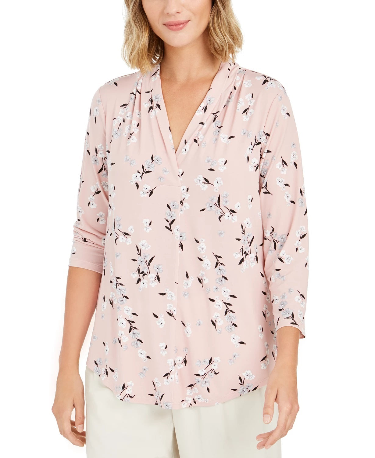 Charter Club Women's Printed V Neck Top Pink Size Small