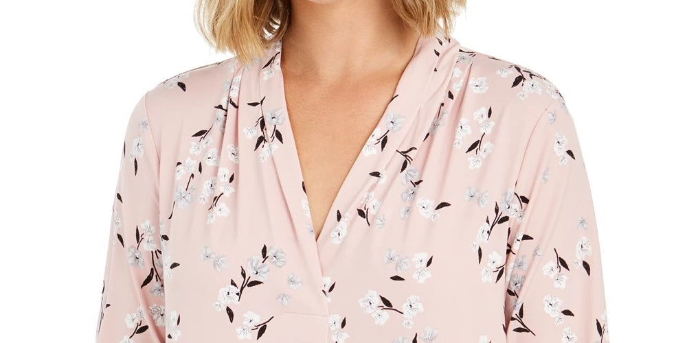 Charter Club Women's Printed V Neck Top Pink Size Small