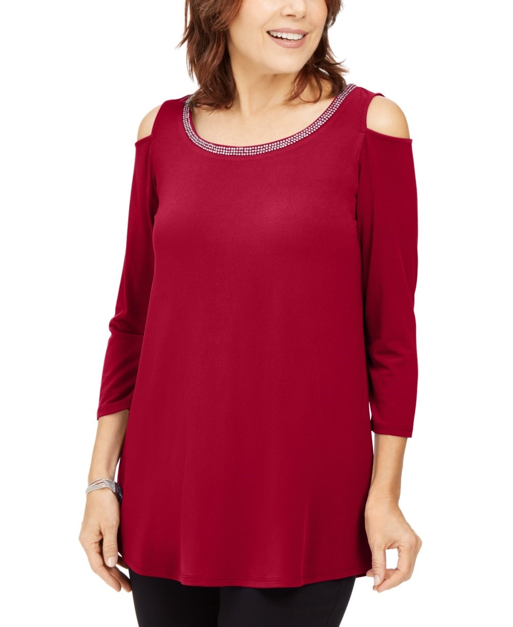 JM Collection Women's Embellished Cold Shoulder Top Red Size X-Large