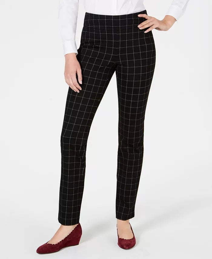 Charter Club Women's Cambridge Windowpane-Print Slim-Leg Pants Black Size 4