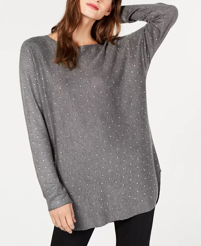 INC International Concepts Women's Embellished Shirttail Sweater Gray Size X-Small