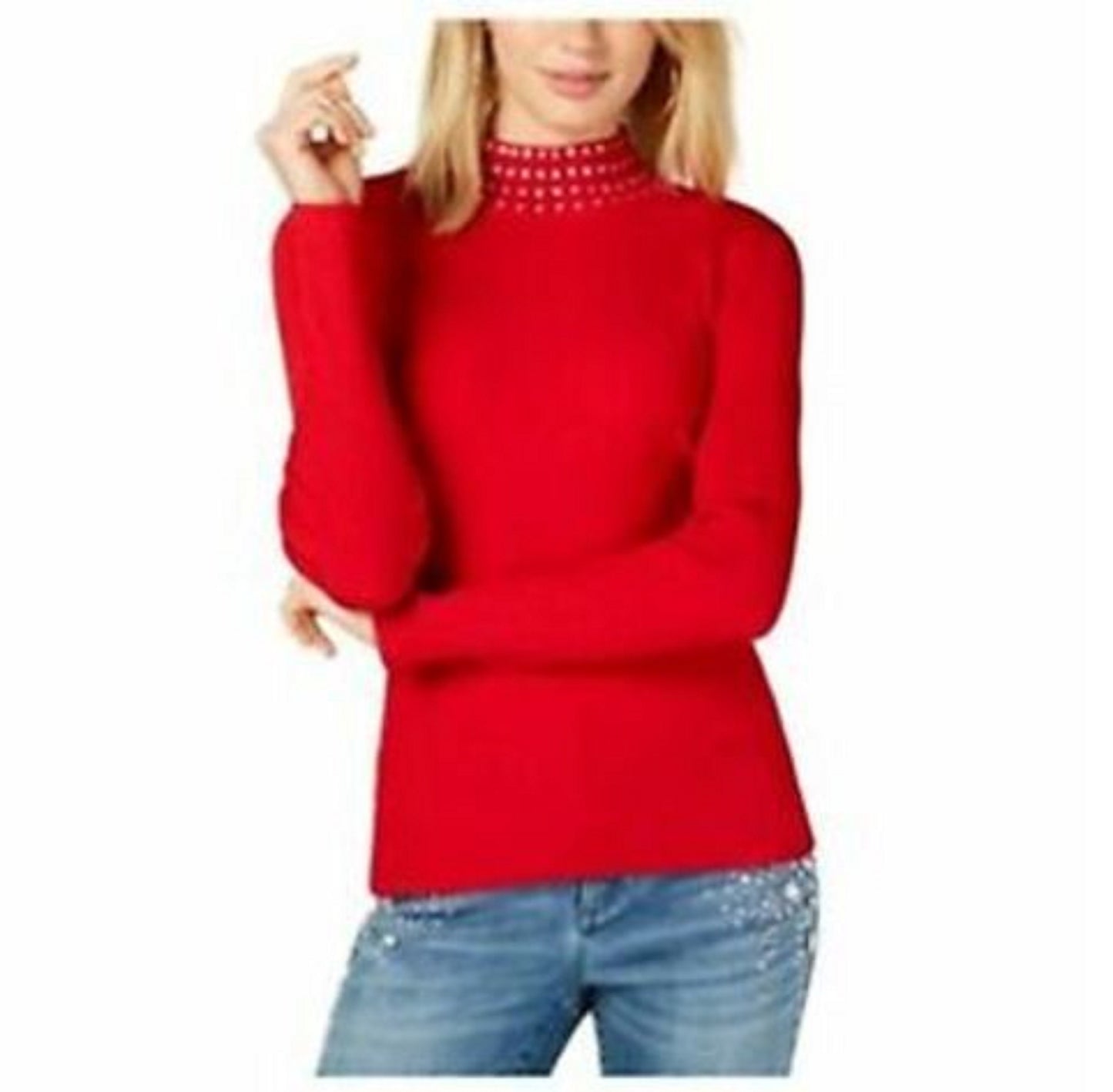 INC International Concepts Women's Embellished Ribbed-Knit Turtleneck  Red Size X-Small