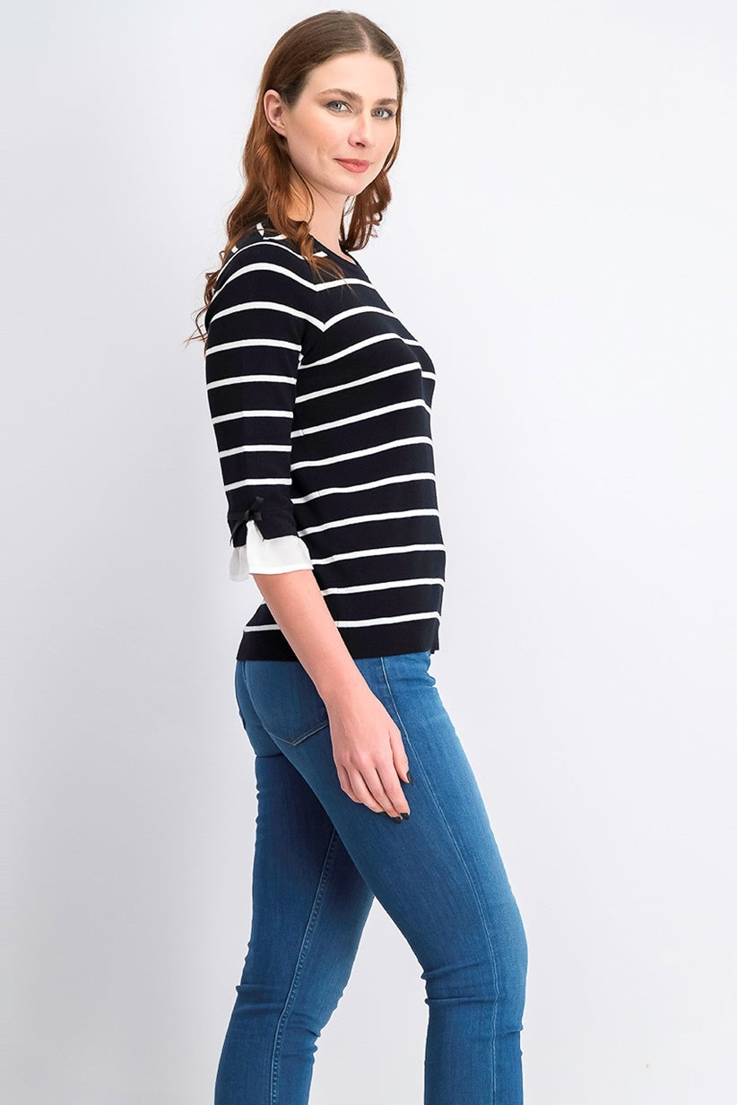 Maison Jules Women's Striped Bow-Trim Sweater Black Size Large