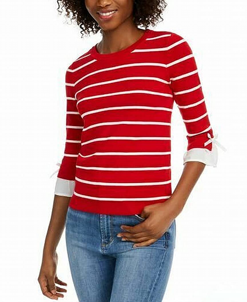 Maison Jules Women's Striped Bow-Trim Sweater Bright Red Size Small