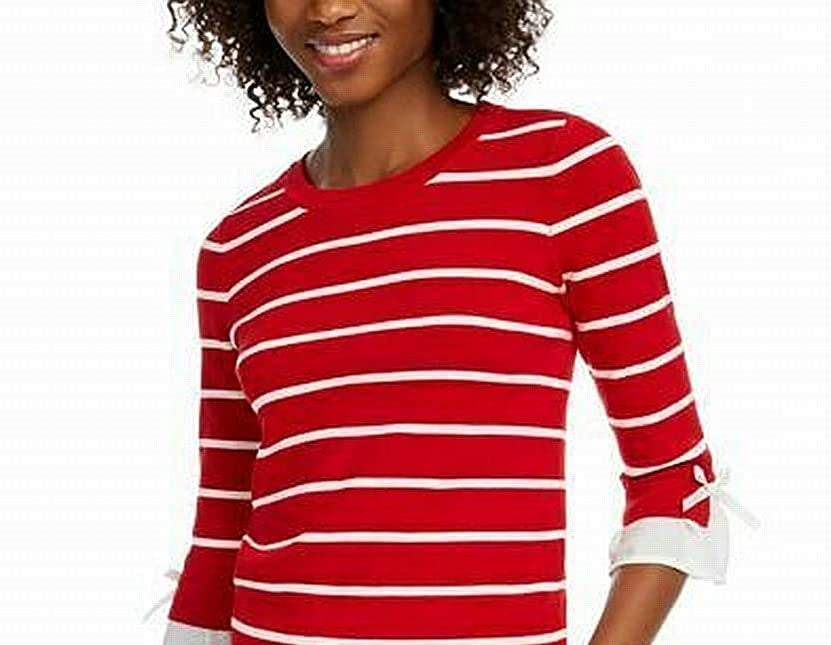 Maison Jules Women's Striped Bow-Trim Sweater Bright Red Size Small