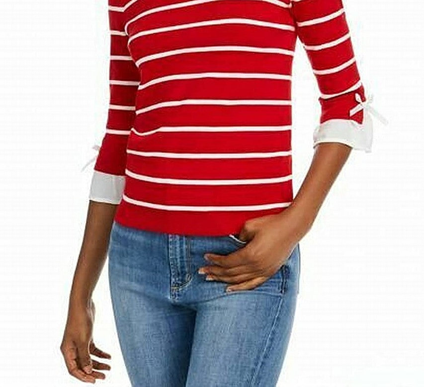 Maison Jules Women's Striped Bow-Trim Sweater Bright Red Size Small