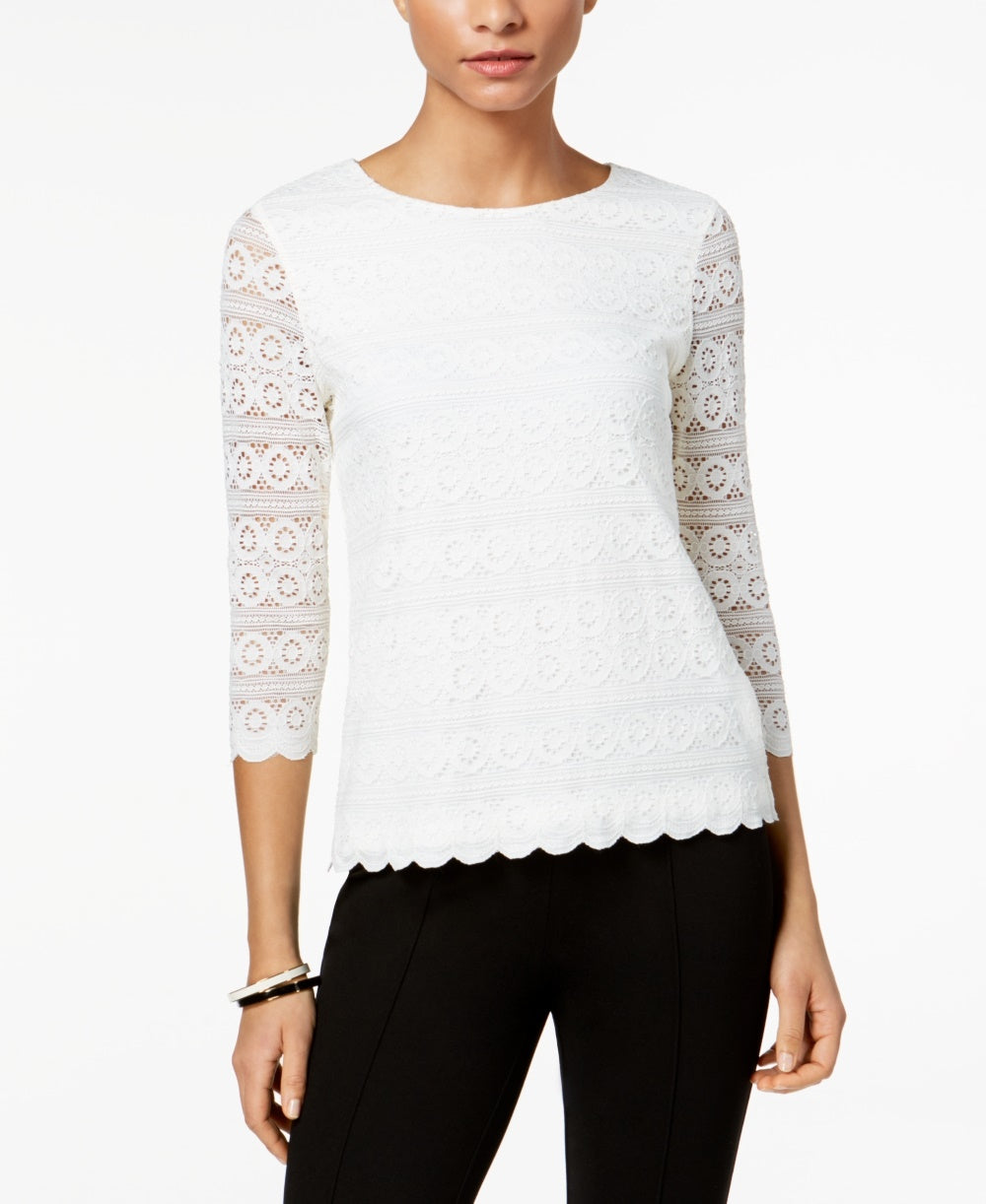 Charter Club Women's 3/4 Sleeve Lace Top White Size Small