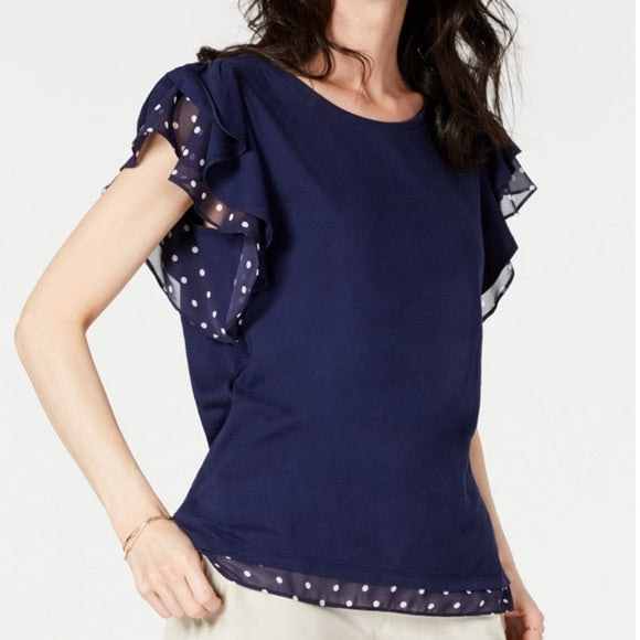 Maison Jules Women's Printed-Trim Flutter-Sleeve Top Navy Size Small