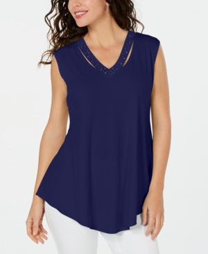 JM Collection Women's Embellished Cutout Tank Top Blue Size Small