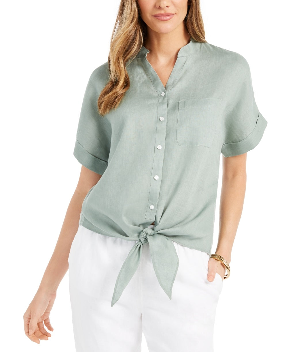 Charter Club Women's Linen Tie Front Button Up Shirt Green Size Small