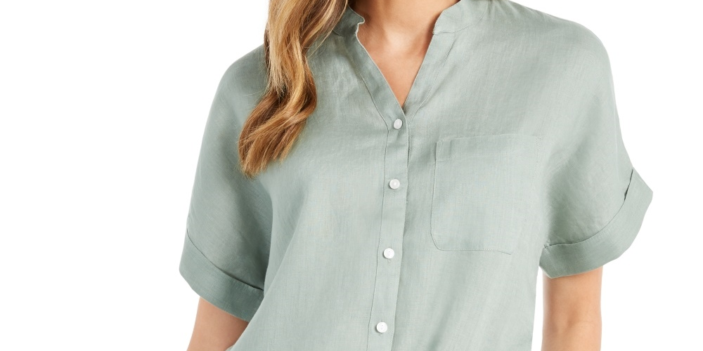 Charter Club Women's Linen Tie Front Button Up Shirt Green Size Small