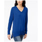 Maison Jules Women's Cotton V Neck Tunic Sweater Blue Size Medium