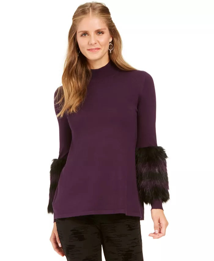 Alfani Women's Petite Faux-Fur Trim Sweater Purple Size Medium