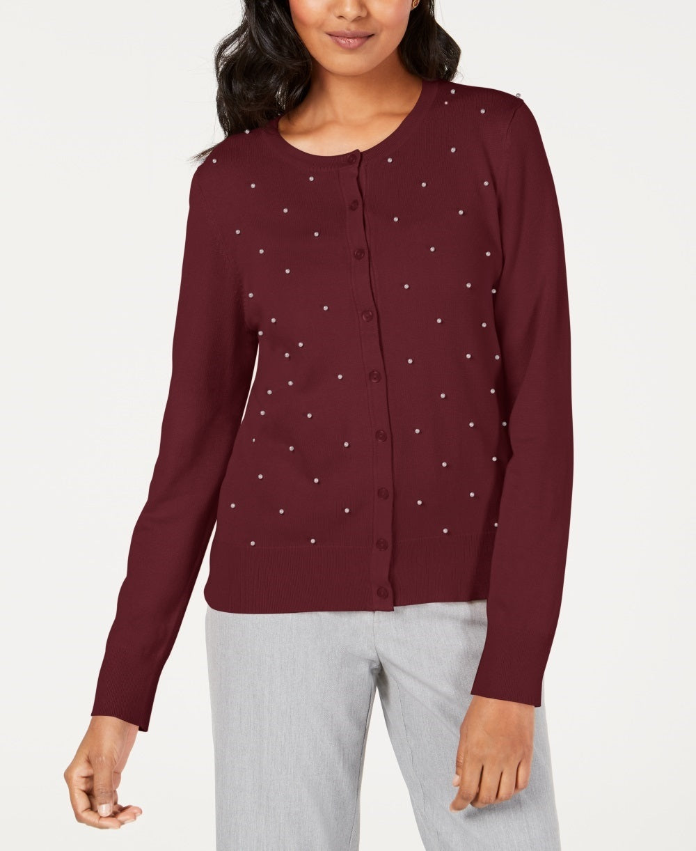 Charter Club Women's Imitation Pearl Embellished Button-Down Cardigan Wine Size X-Small