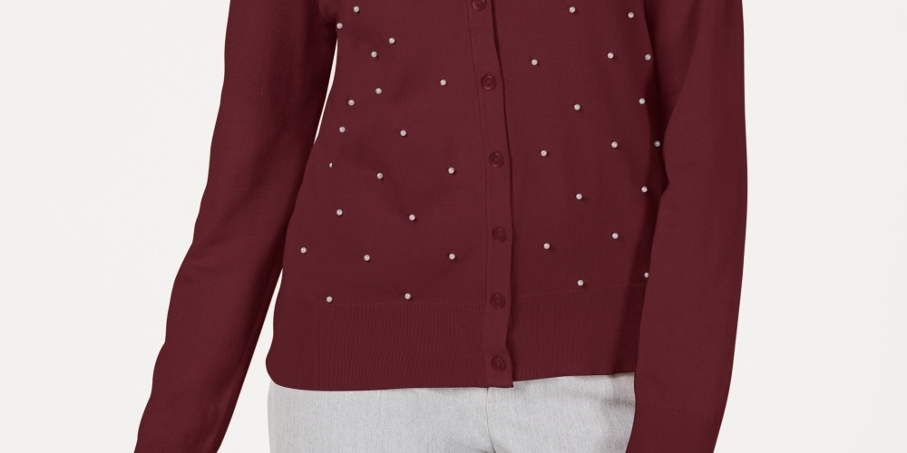 Charter Club Women's Imitation Pearl Embellished Button-Down Cardigan Wine Size X-Small