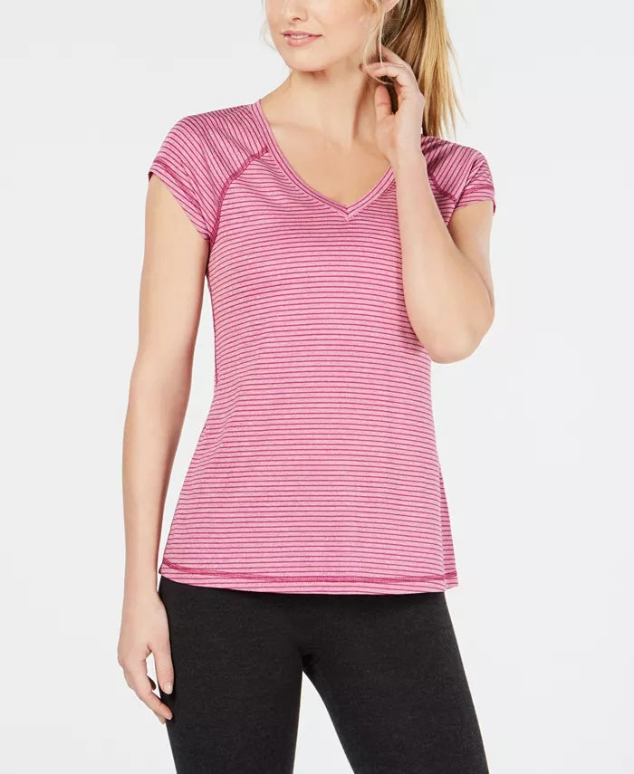 Ideology Women's Striped V-Neck T-Shirt Wine Size X-Large