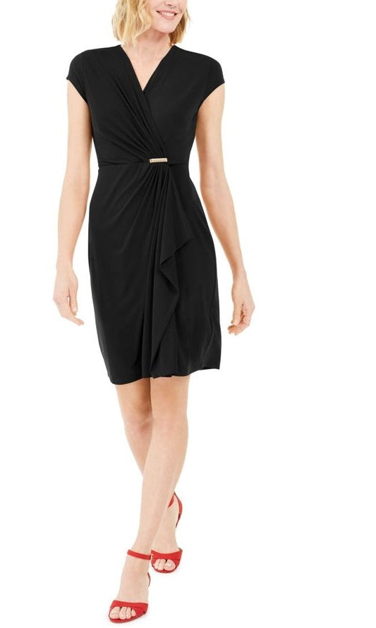 Charter Club Women's Knit Cap-Sleeve Crossover Dress Black Size Medium
