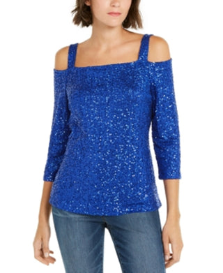 INC International Concepts Women's Sequined Cold-Shoulder Top Navy Size Extra Small