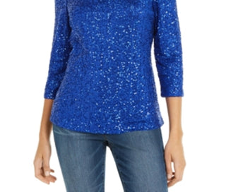 INC International Concepts Women's Sequined Cold-Shoulder Top Navy Size Extra Small