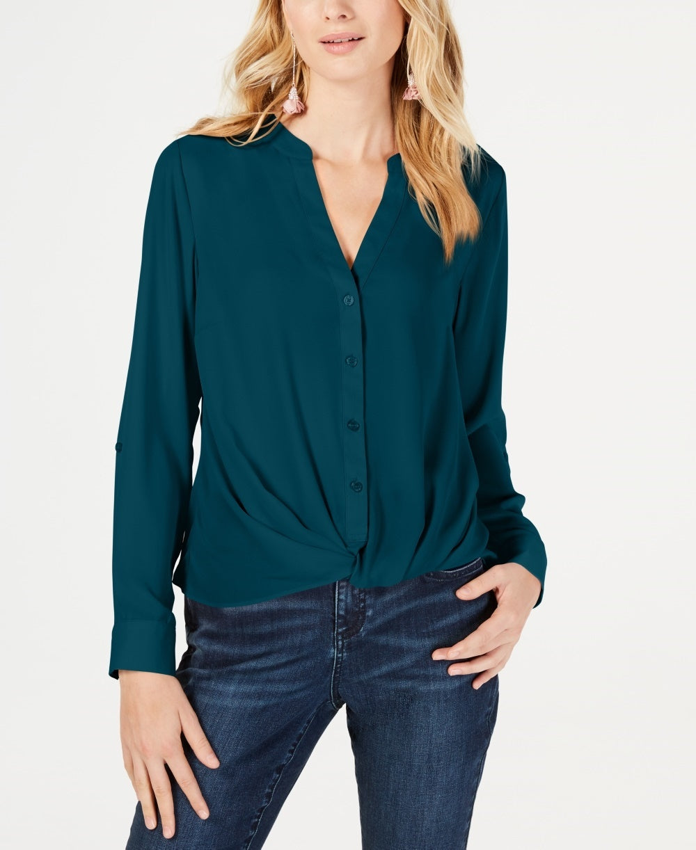 INC International Concepts Women's Twist Front Button Up Top Green Size Large