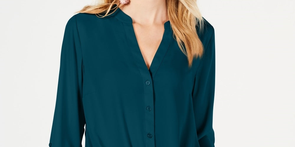 INC International Concepts Women's Twist Front Button Up Top Green Size Large