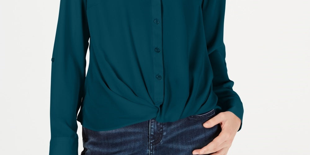 INC International Concepts Women's Twist Front Button Up Top Green Size Large