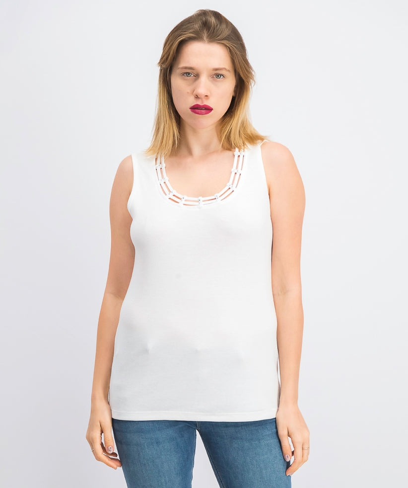 Karen Scott Women's Stud Trim Ladder Neck Top White Size Small