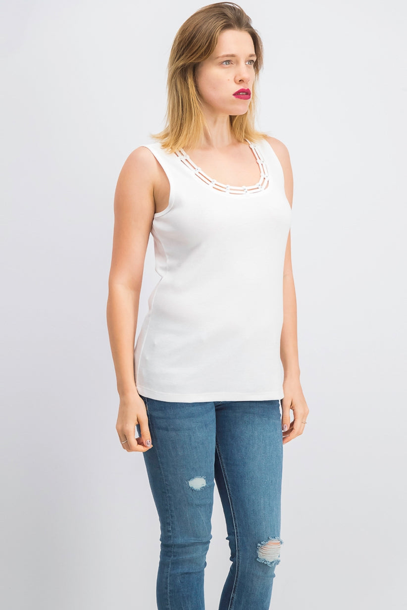 Karen Scott Women's Stud Trim Ladder Neck Top White Size Small