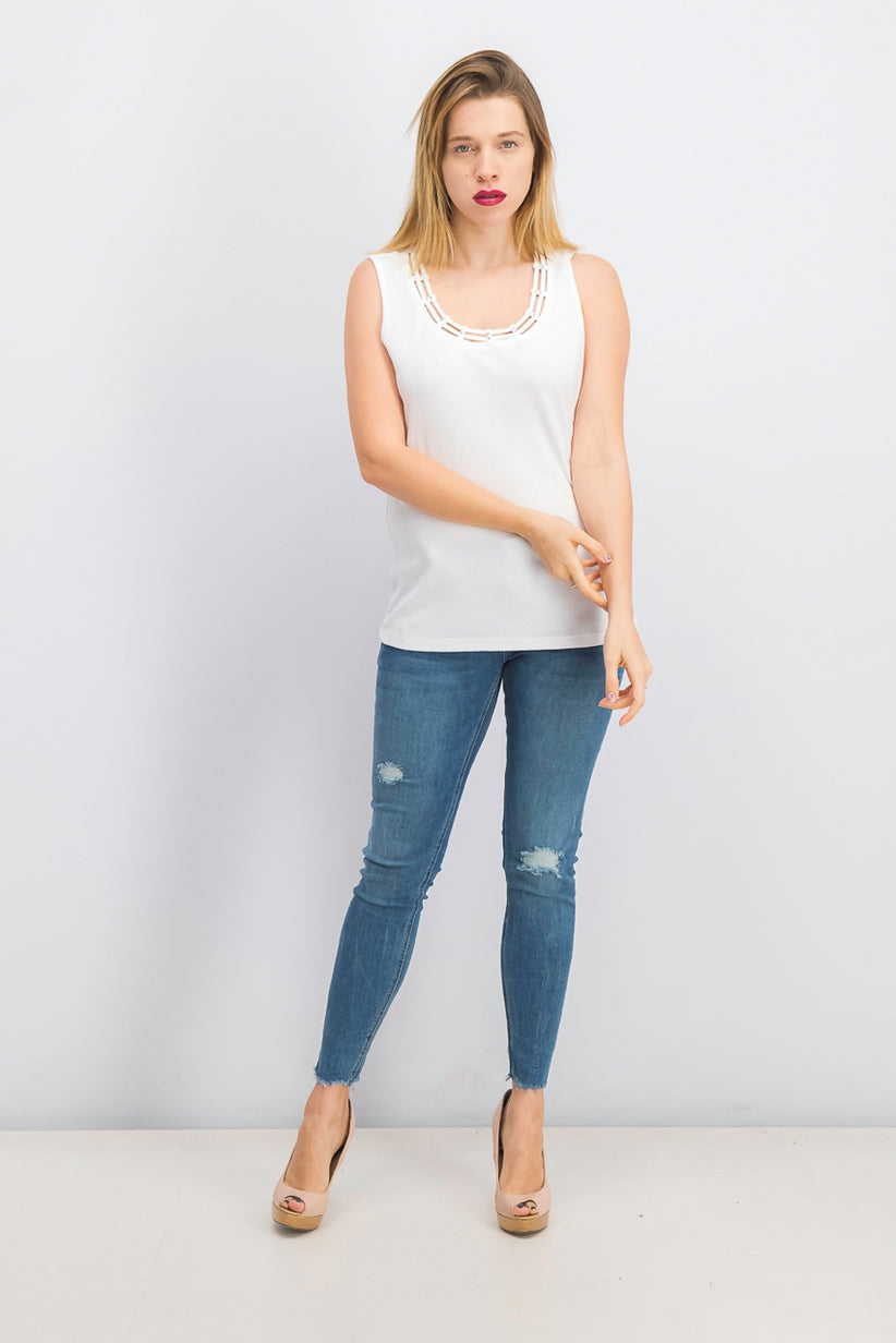 Karen Scott Women's Stud Trim Ladder Neck Top White Size Small