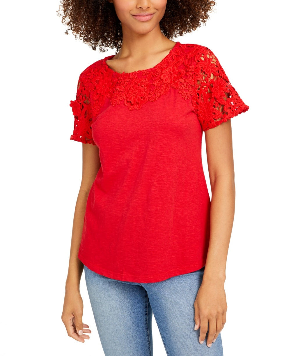 Charter Club Women's Cotton Lace Embellished T-Shirt Red Size Medium