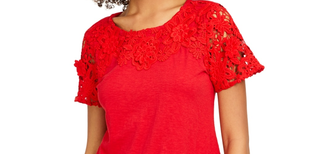 Charter Club Women's Cotton Lace Embellished T-Shirt Red Size Medium