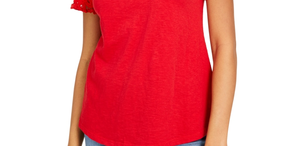 Charter Club Women's Cotton Lace Embellished T-Shirt Red Size Medium