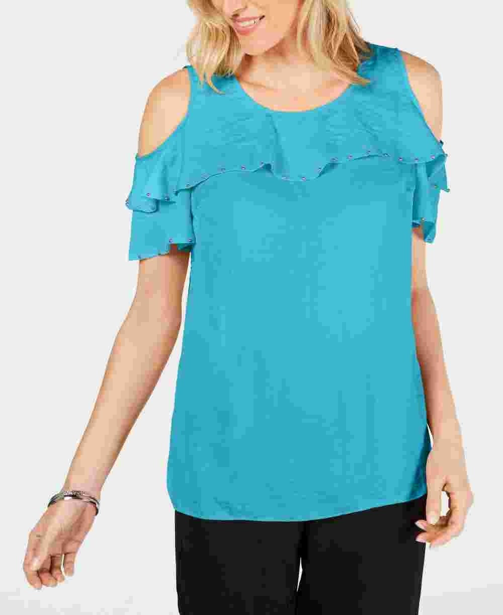 JM Collection Women's Ruffled Off-The-Shoulder Top Blue Size X-Large