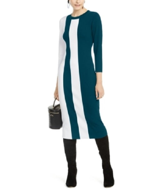INC International Concepts Women's Color blocked Sweater Dress Green Size Petite Medium