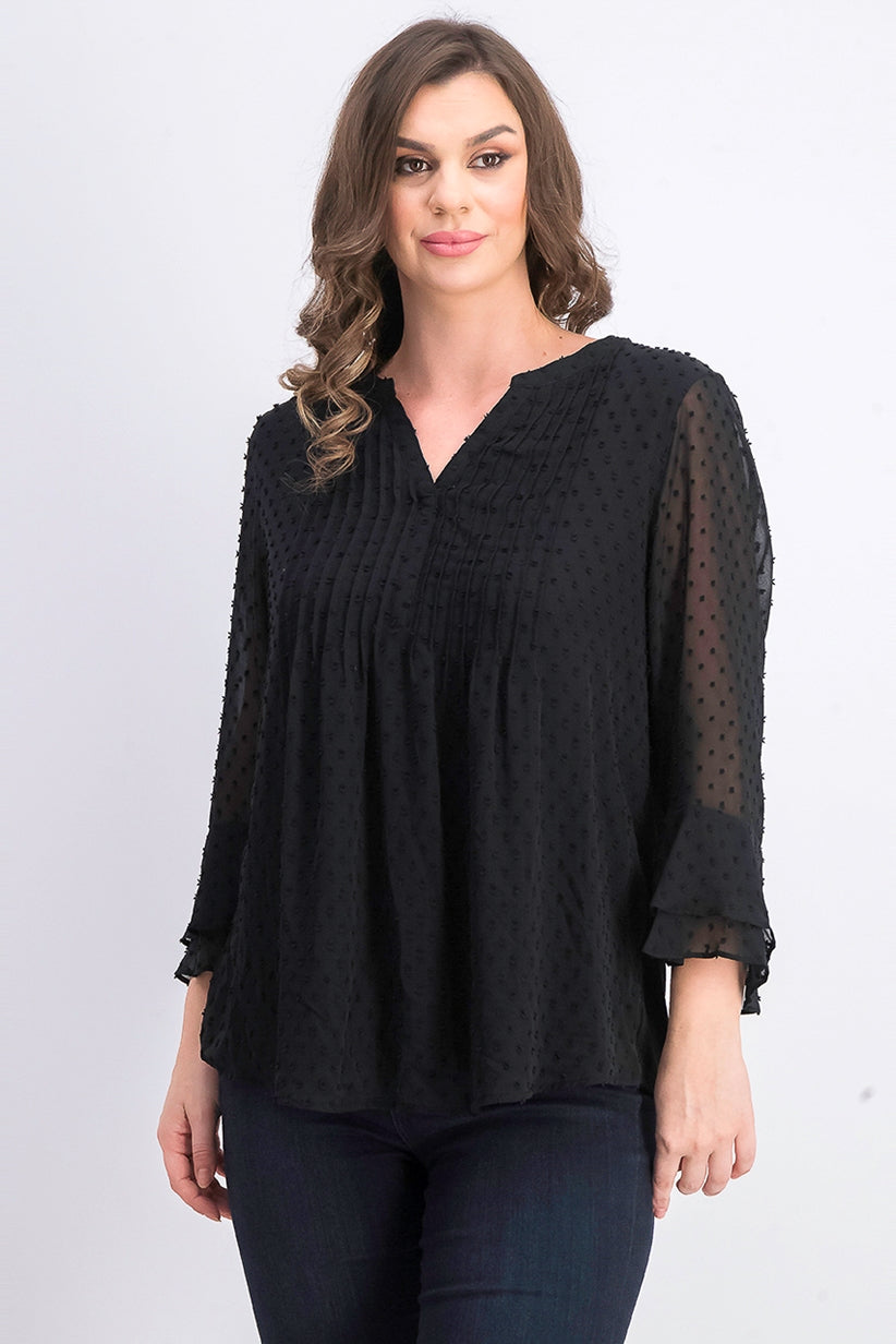 Charter Club Women's Double-Ruffle Textured Pintuck Top Black Size X-Large