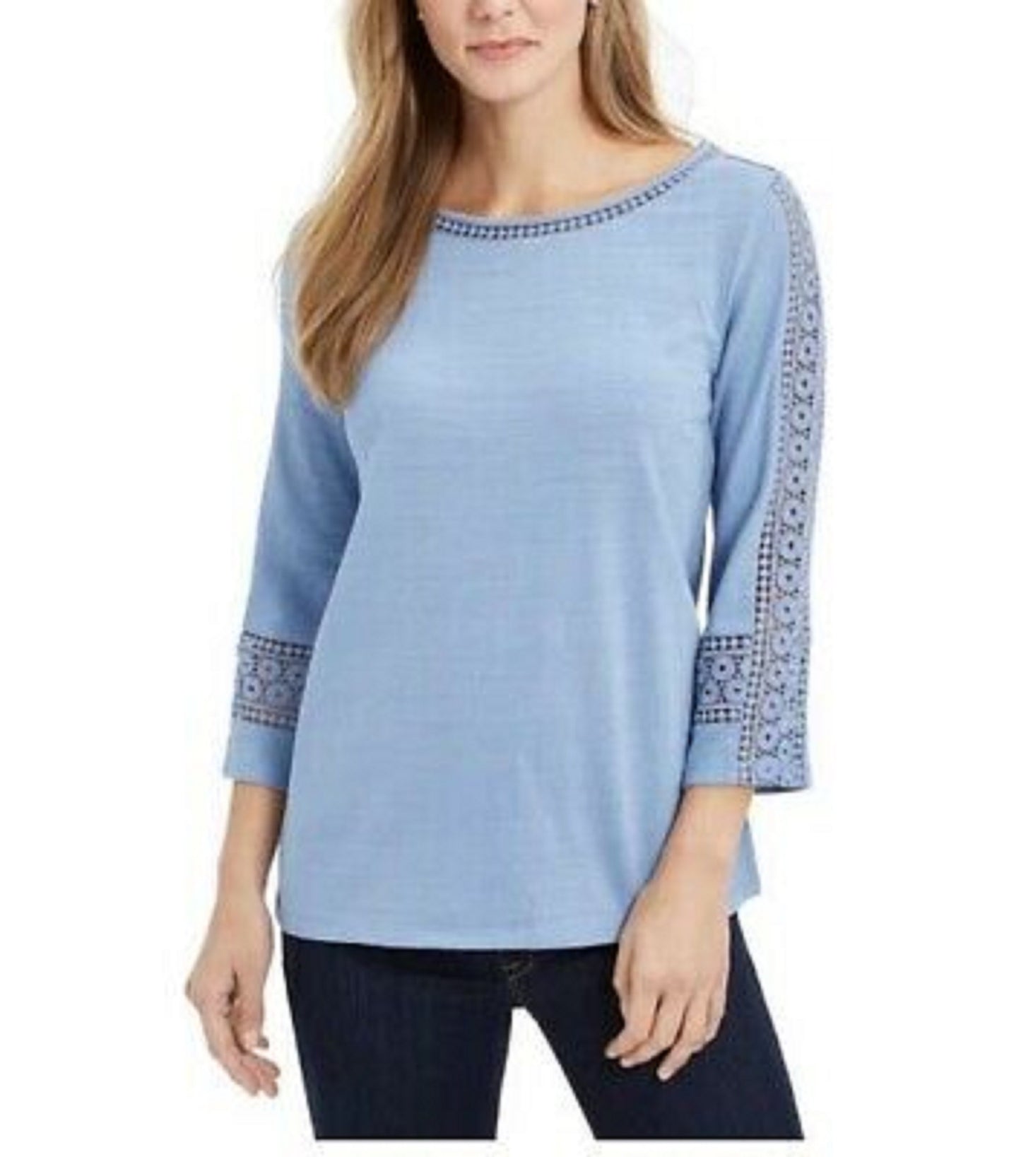 Charter Club Women's Petite Crochet-Sleeve Top Blue Size Medium