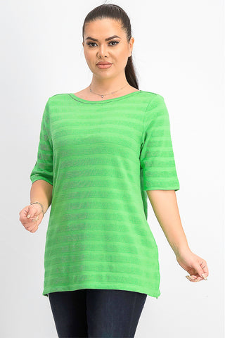 Charter Club Women's Cotton Texture-Striped Elbow-Sleeve Top Green Size Large
