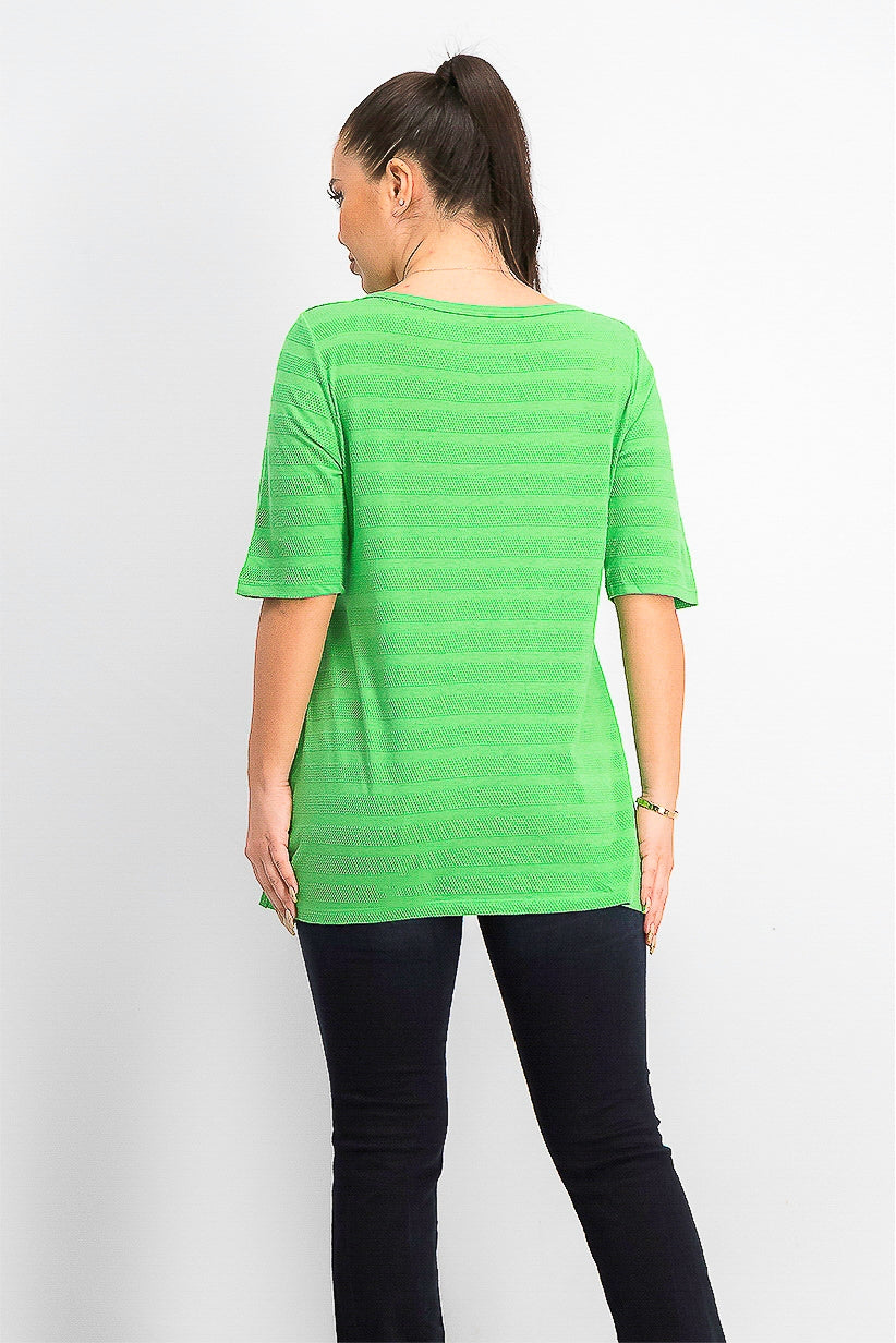 Charter Club Women's Cotton Texture-Striped Elbow-Sleeve Top Green Size Large